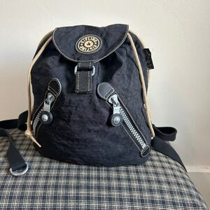 EUC Kipling Backpack Women Small Black Vintage 90s Crinkled Nylon Chunky Metal